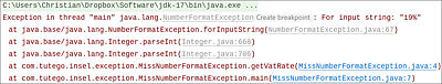 Eine IDE zeigt eine Exception im Ausgabefenster in Rot an. Praktischerweise verhalten sich die Fehlermeldungen wie Hyperlinks: Ein Klick, und die IDE zeigt die Zeile, die die Exception auslöst. Screenshot IntelliJ, in Eclipse ist es ähnlich.