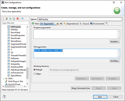 Entwicklungsumgebungen erlauben es, die Kommandozeilenargumente in einem Fenster zu setzen. Unter Eclipse gehen wir dazu unter »Run • Run Configurations« zum Reiter »Arguments«.